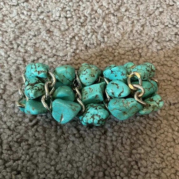 Vintage Turquoise Stone Chunky Beaded Silver Cuff Bracelet Jewelry, Amazing!